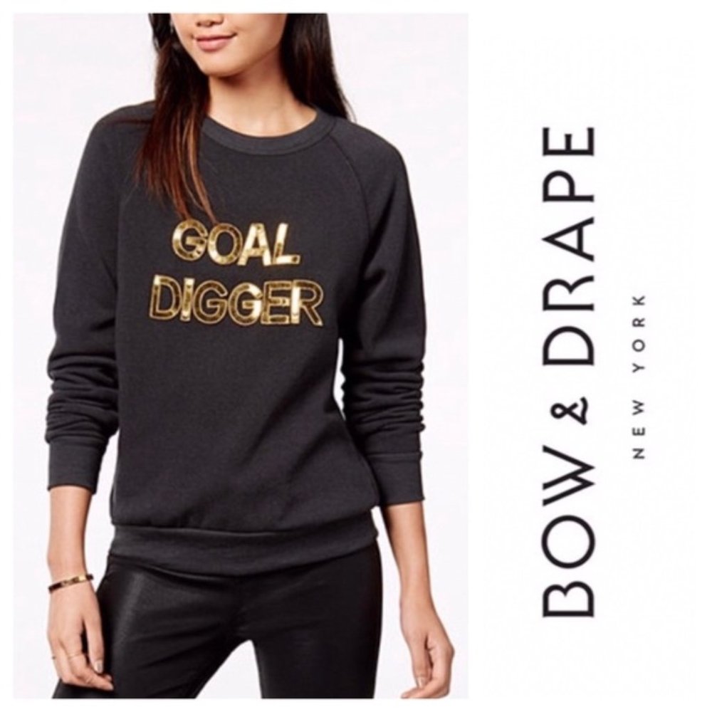 Bow & Drape Goal Digger Sequined Black Pullover Sweatshirt Sz. M